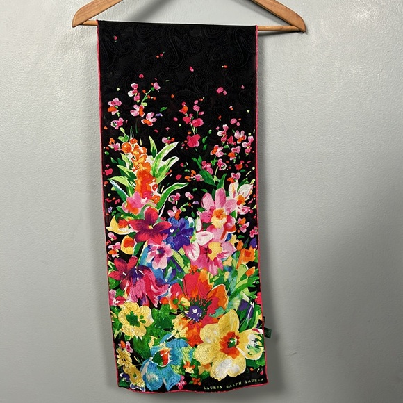 Lauren Ralph Lauren Black Pink Purple Floral Silk Rectangular Scarf - Picture 5 of 11